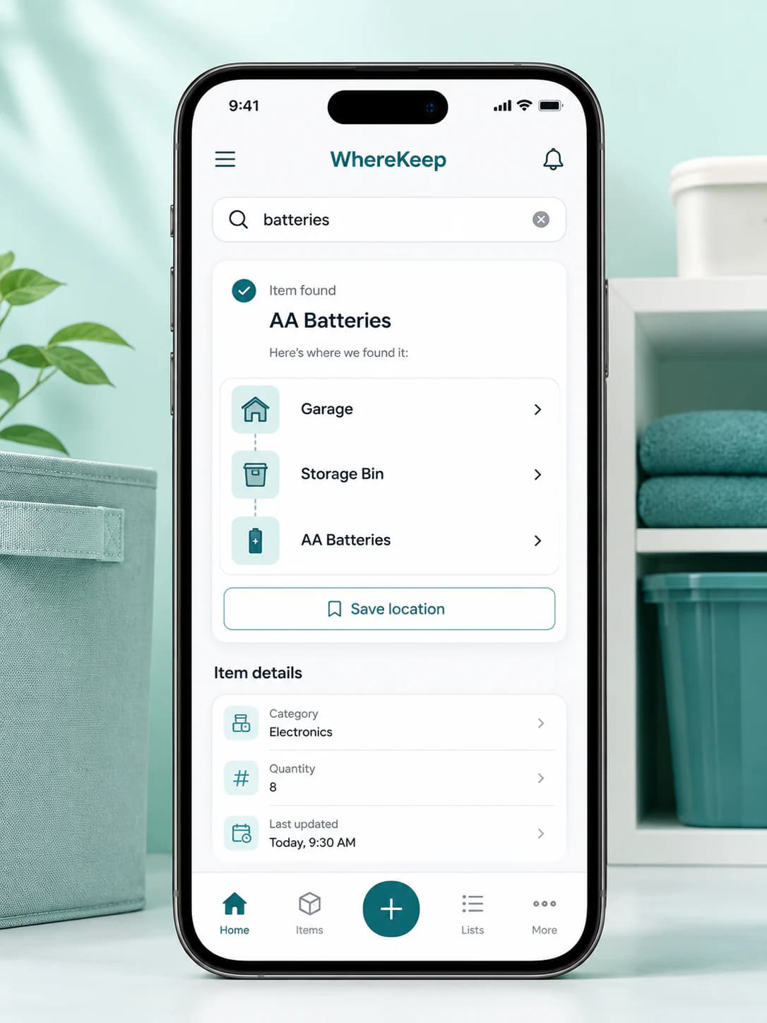 WhereKeep mobile app preview showing a batteries search